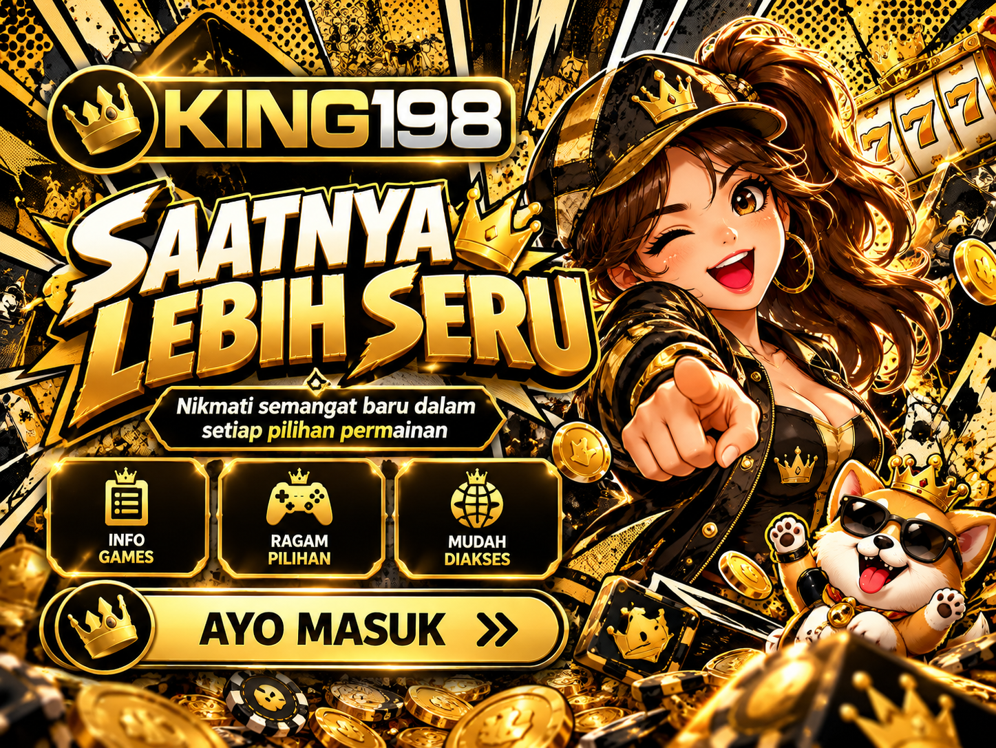 Banner KING198 retro pop-art comic dengan karakter ekspresif, pola halftone, dan teks emas tebal.
